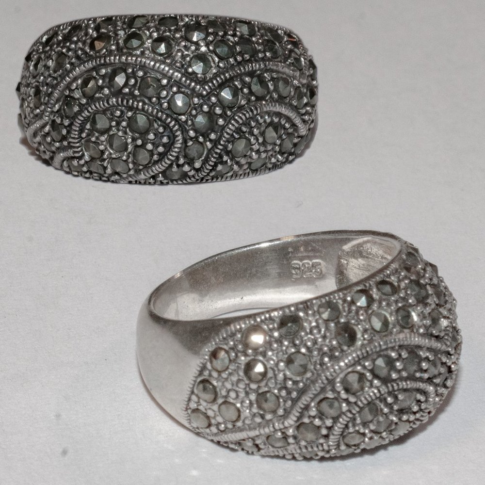 Sterling Silver Marcasite Swirled Detail on Dome Style Band US Size 8